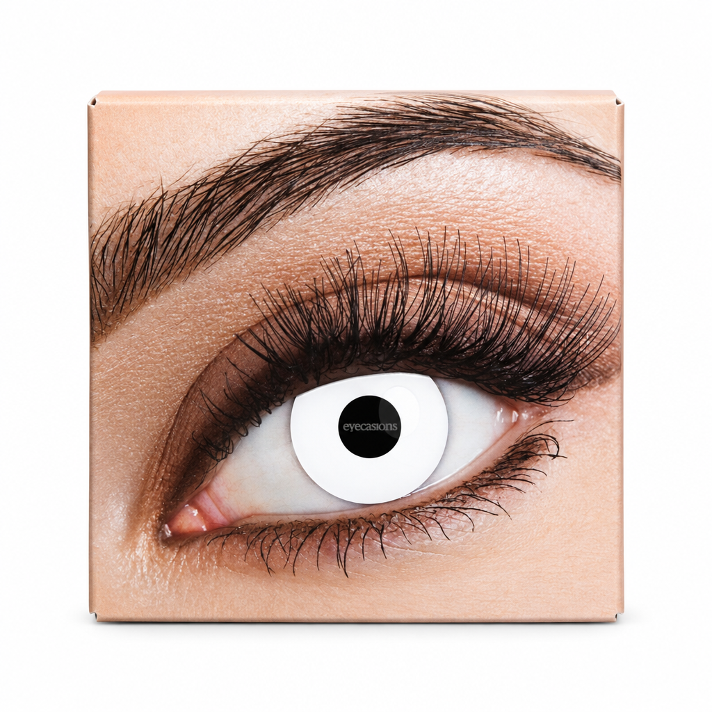 Eyecasions white Halloween contact lenses box showing an eye wearing a white-out lens, on a white background