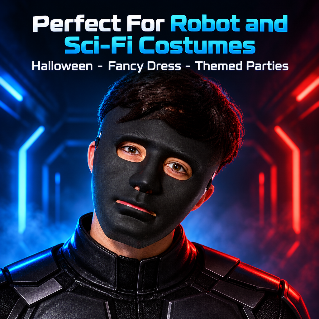 Black robot mask on a dark sci-fi gradient with robot and sci-fi costume occasion captions
