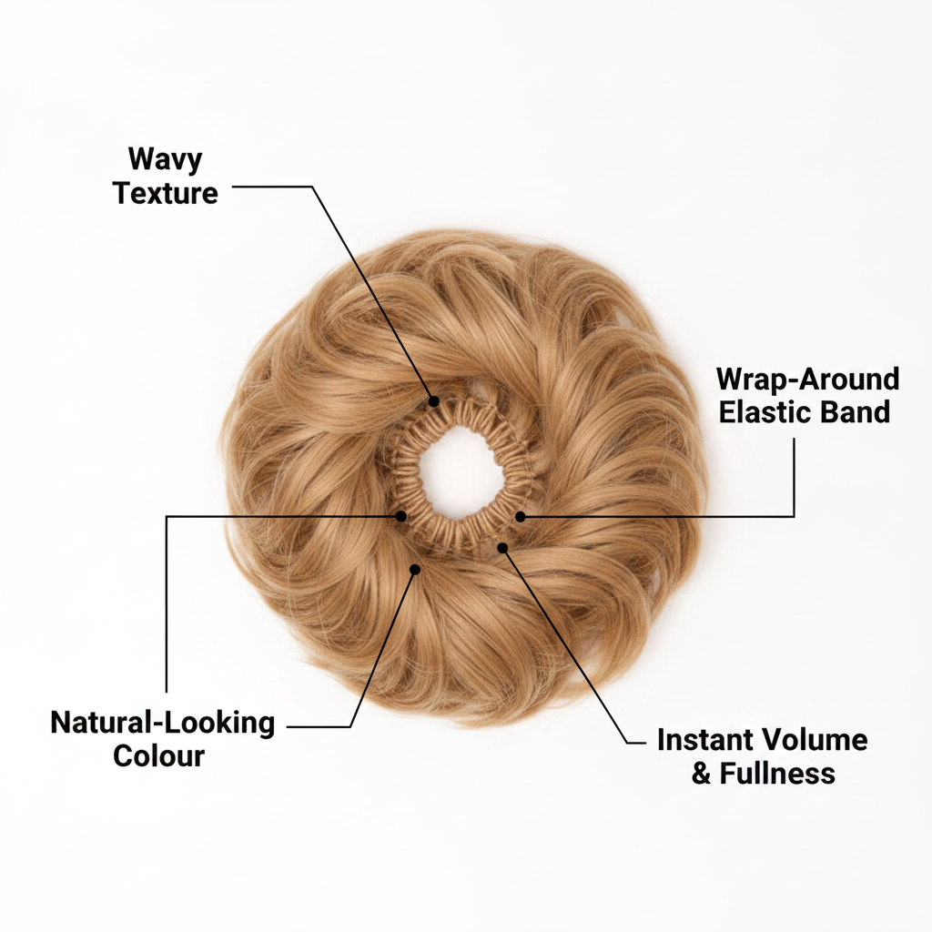 Flicky wavy scrunchie hairpiece in honey blonde with feature callouts: Wavy Texture, Wrap-Around Elastic Band, Natural-Looking Colour, Instant Volume