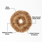 Flicky wavy scrunchie hairpiece in honey blonde with feature callouts: Wavy Texture, Wrap-Around Elastic Band, Natural-Looking Colour, Instant Volume