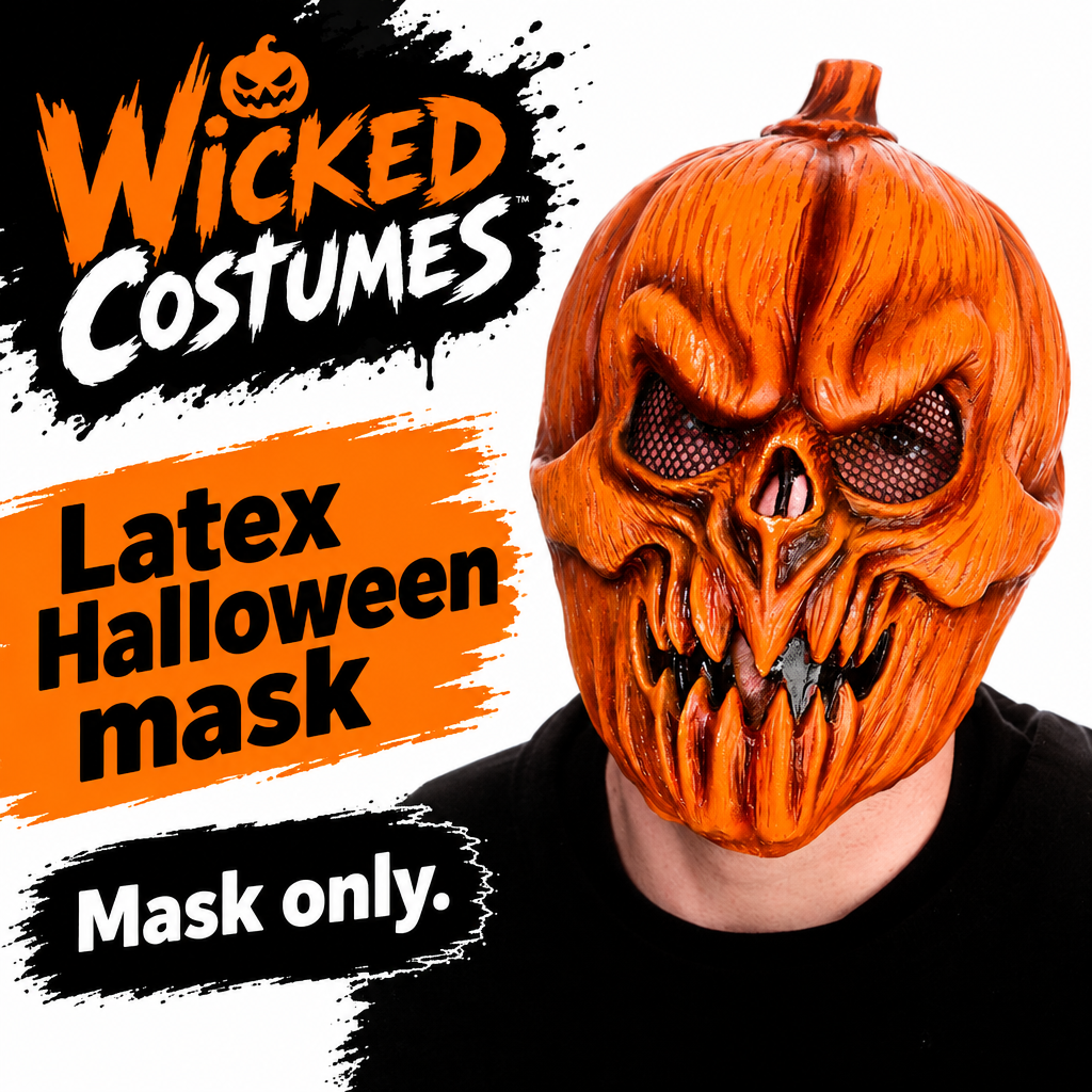 Killer pumpkin latex mask beside product information saying mask only