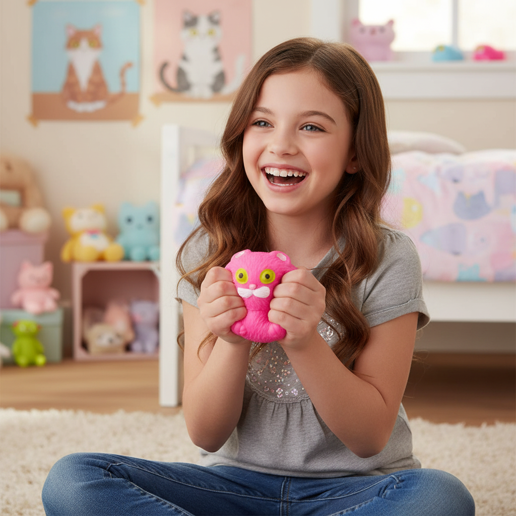 Young girl squeezing hot pink Kitty Kins squishy cat toy with delight on cosy bedroom floor
