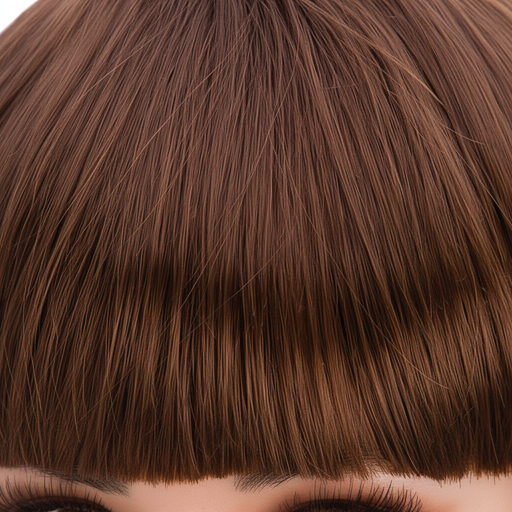 Extreme macro close-up of diva brown bob wig hair strands showing rich chocolate brown colour and high-shine finish