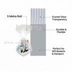 Premium feature infographic for crystal-clear cellophane wrap 5M roll highlighting key features and specs