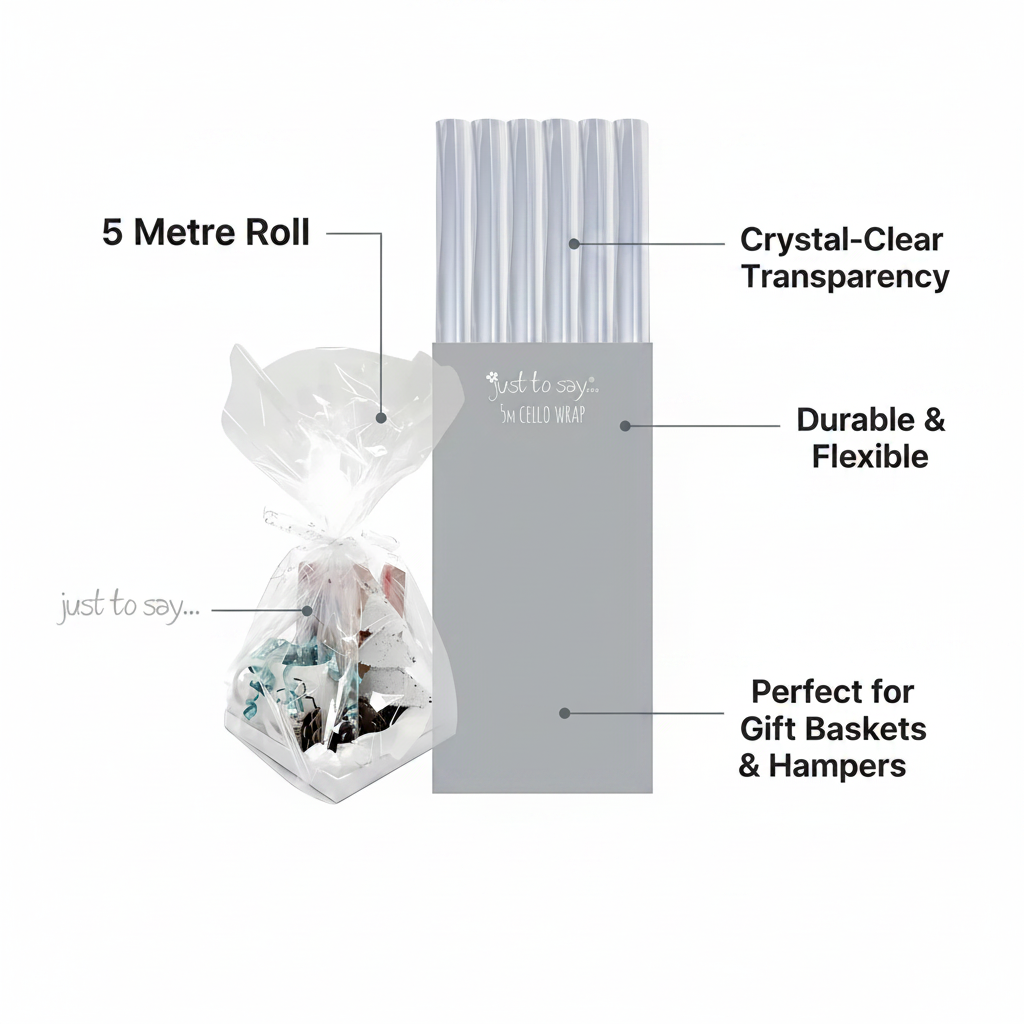 Premium feature infographic for crystal-clear cellophane wrap 5M roll highlighting key features and specs