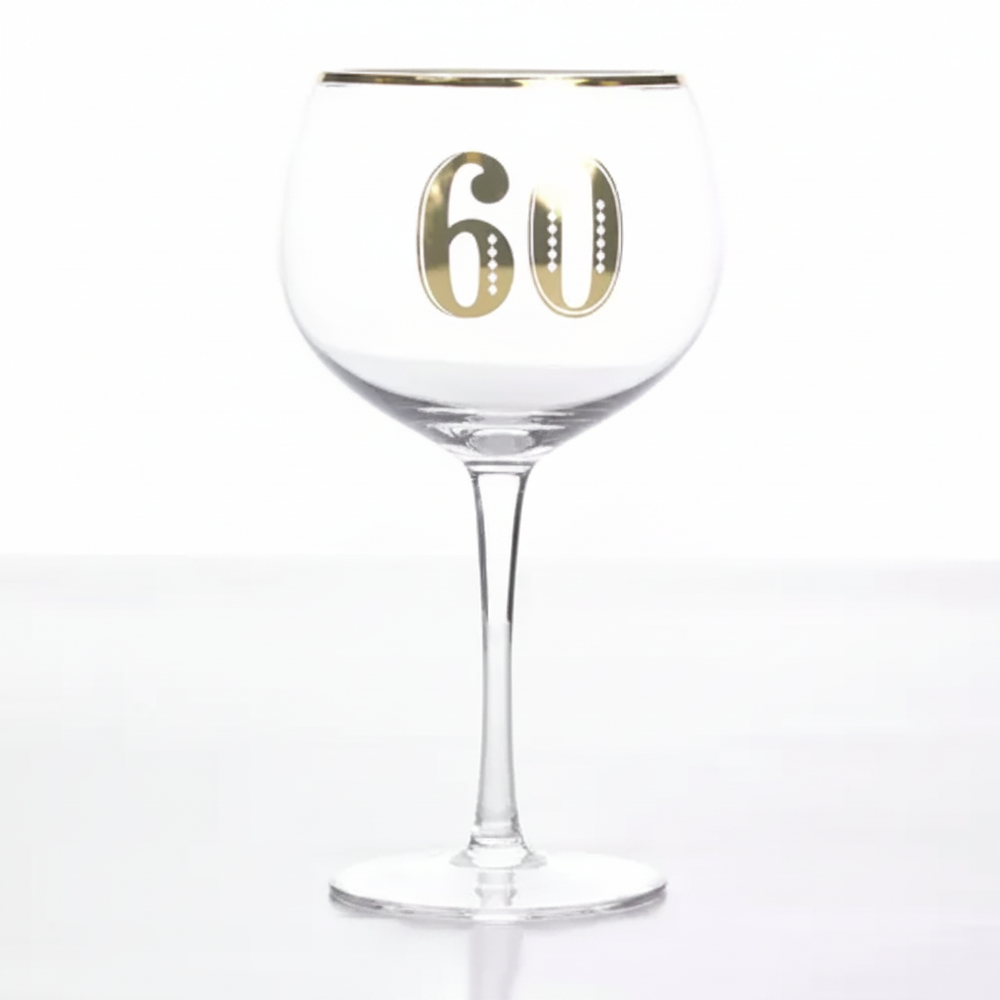 Art Deco 60th Birthday Gin Glass on pure white background — clear glass with gold metallic rim band and gold Art Deco 60 numerals