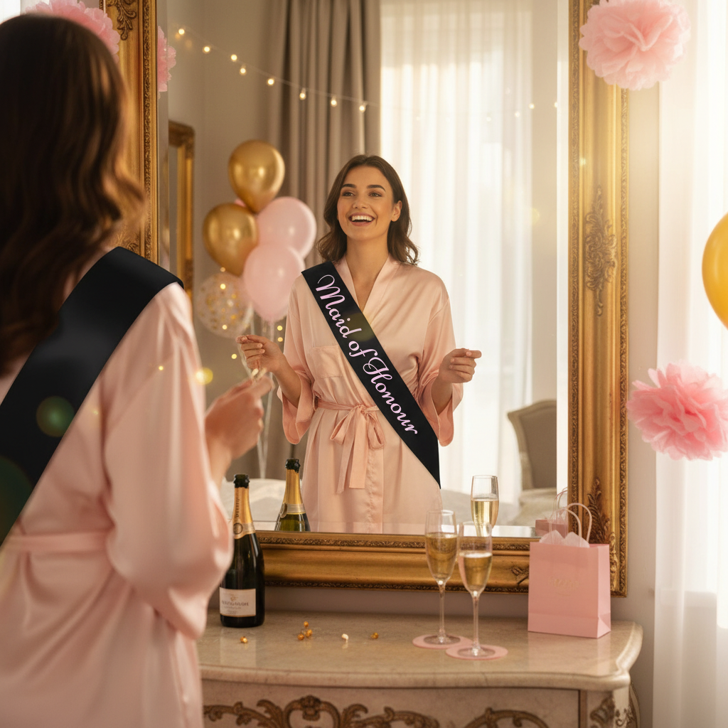 Maid of Honour wearing black satin hen party sash getting ready in hotel room - Why Not Shop