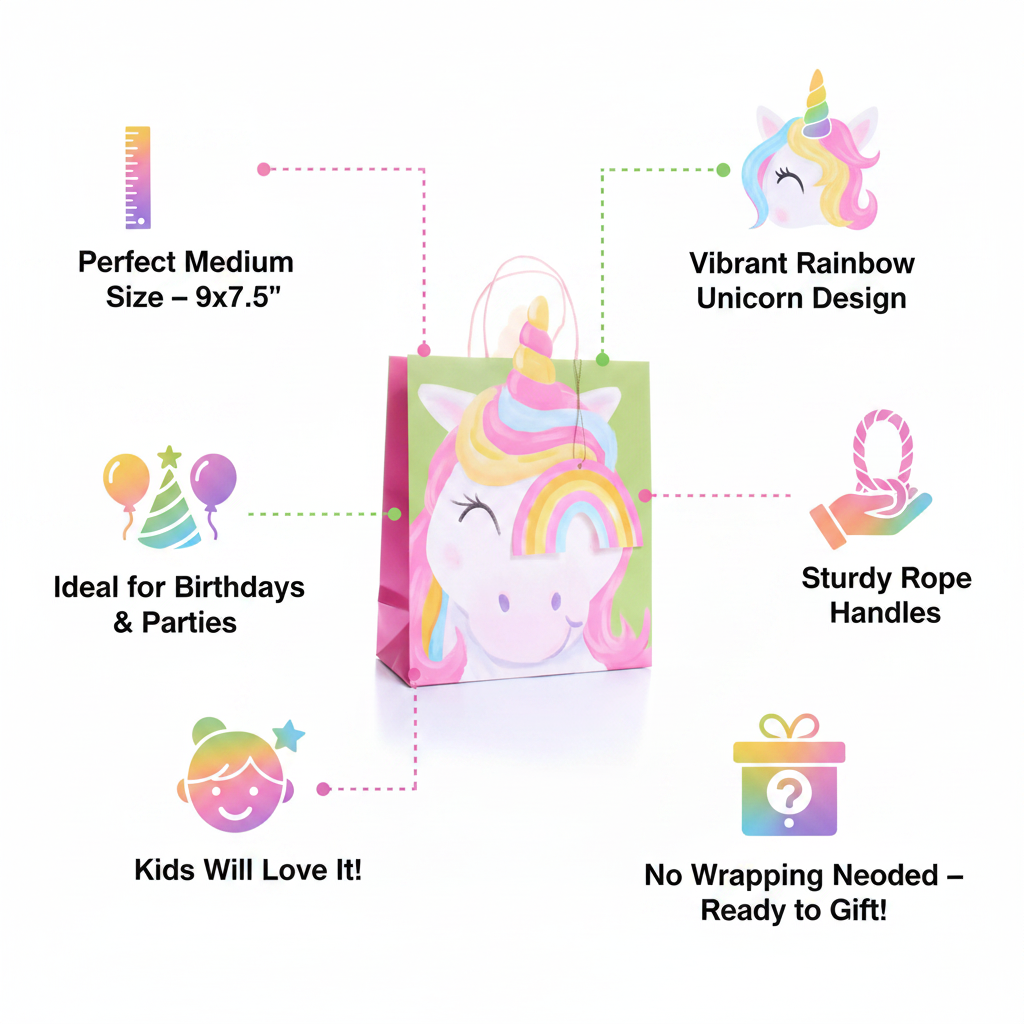 Kids Unicorn Gift Bag Medium 9x7.5" Multi-Coloured – Rainbow unicorn design, rope handles, perfect for children's birthday parties and party favours.
