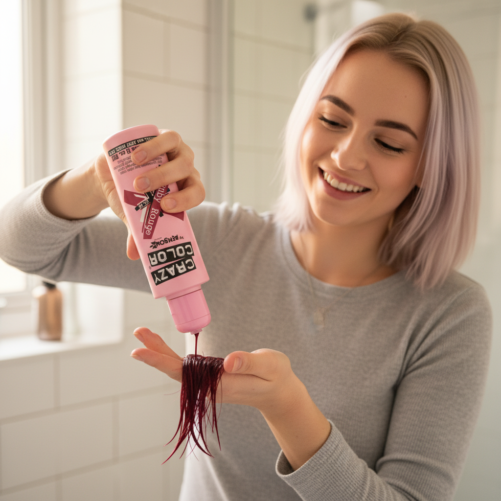 Woman applying Crazy Color Ruby Rouge semi-permanent hair dye at home, squeezing pink bottle onto hair in bright bathroom