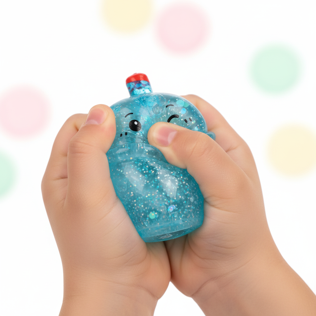 Close-up of child's hands squeezing a blue Stretch and Squeeze Bubble Tea Gel Toy showing gel filling shifting inside