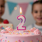 Pink glitter number 2 birthday candle lit and glowing on a birthday cake, warm celebratory atmosphere