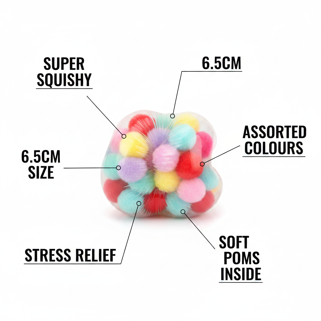 Squishy pom pom ball infographic showing key features: super squishy, 6.5cm size, assorted colours, stress relief, soft pom poms inside