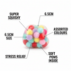 Squishy pom pom ball infographic showing key features: super squishy, 6.5cm size, assorted colours, stress relief, soft pom poms inside