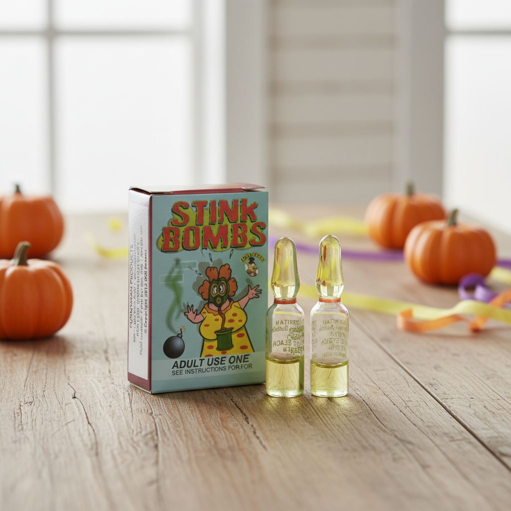 Funnyman Products Stink Bombs retail pack and ampoules on a party table with Halloween props — natural window light