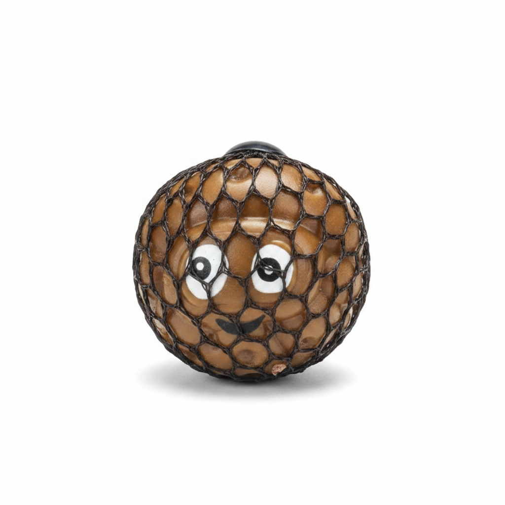 Squeezy Funny Face Poop 6.5cm brown mesh squishy stress ball toy on white studio background