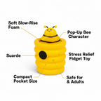 Squishy Pop Up Beehive feature infographic showing soft slow-rise foam, pop-up bee character, stress relief, compact size and safe for kids