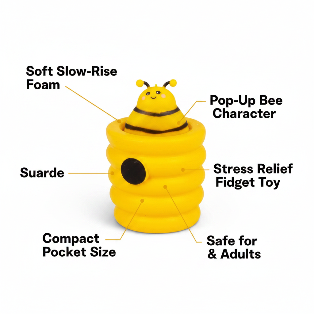 Squishy Pop Up Beehive feature infographic showing soft slow-rise foam, pop-up bee character, stress relief, compact size and safe for kids