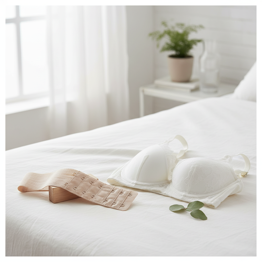 Adorn nude bra extension strap resting on white cotton fabric in bright bedroom setting