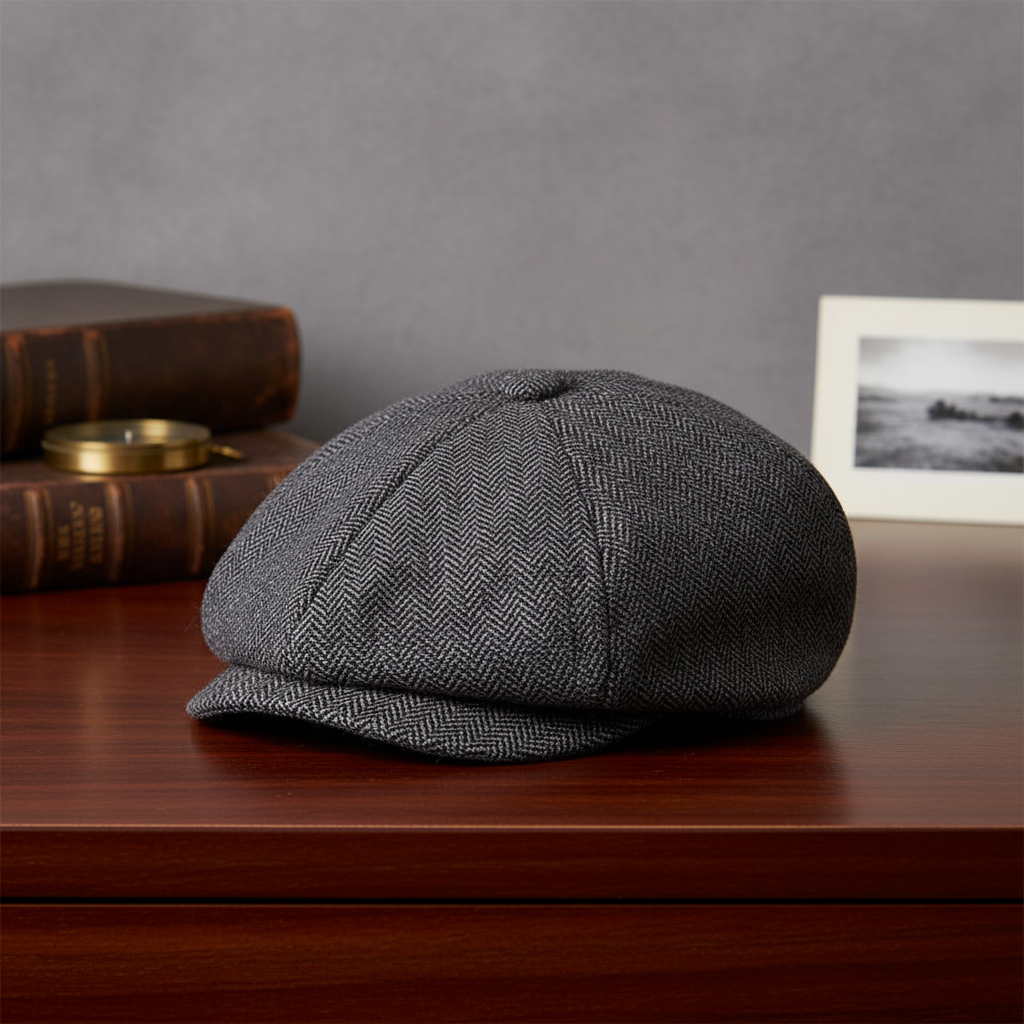 Grey herringbone flat cap in Peaky Blinders style on elegant vintage background