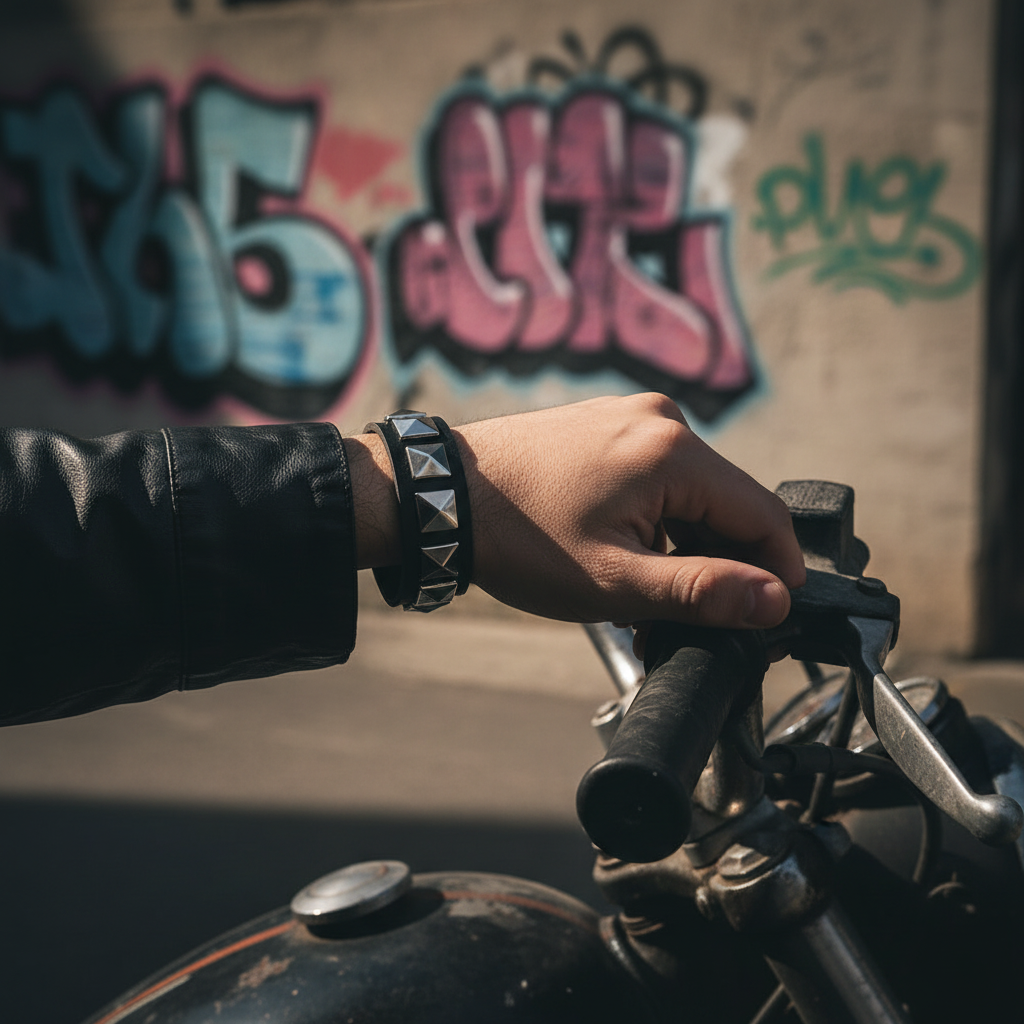 Close-up of studded black and silver punk wristband being worn