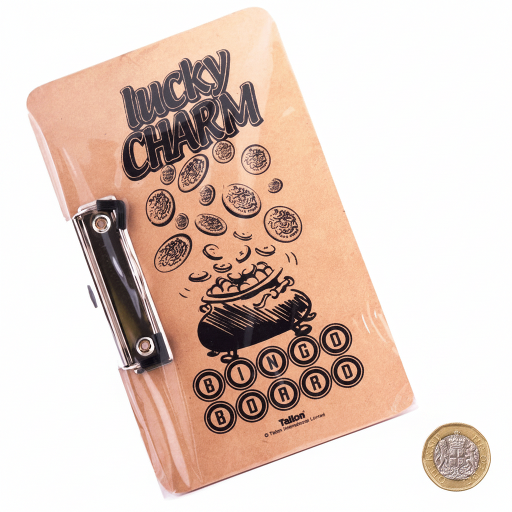 Tallon Lucky Charm Bingo Board flat lay beside British pound coin for scale reference