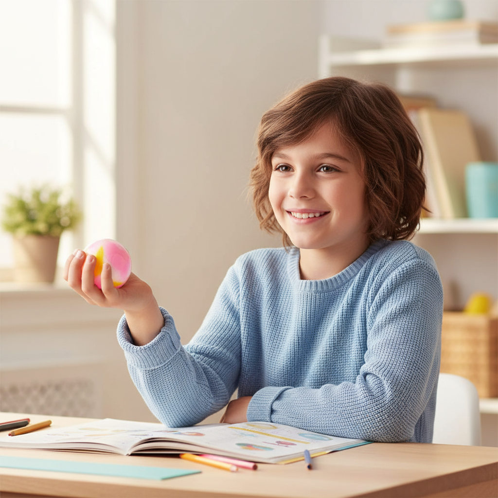 Calm relaxed child holding a sensory putty ball showing the stress relief and focus outcome of the product