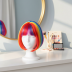 Rainbow multi colour bob wig on stand in bright dressing room with natural window light