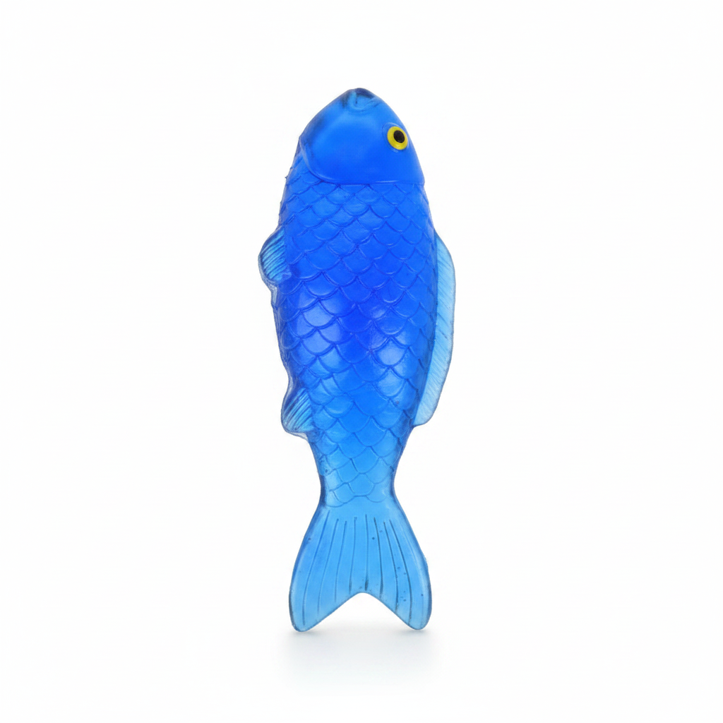 Sticky Fish Squishy Squeeze toy in vivid blue on a pure white studio background