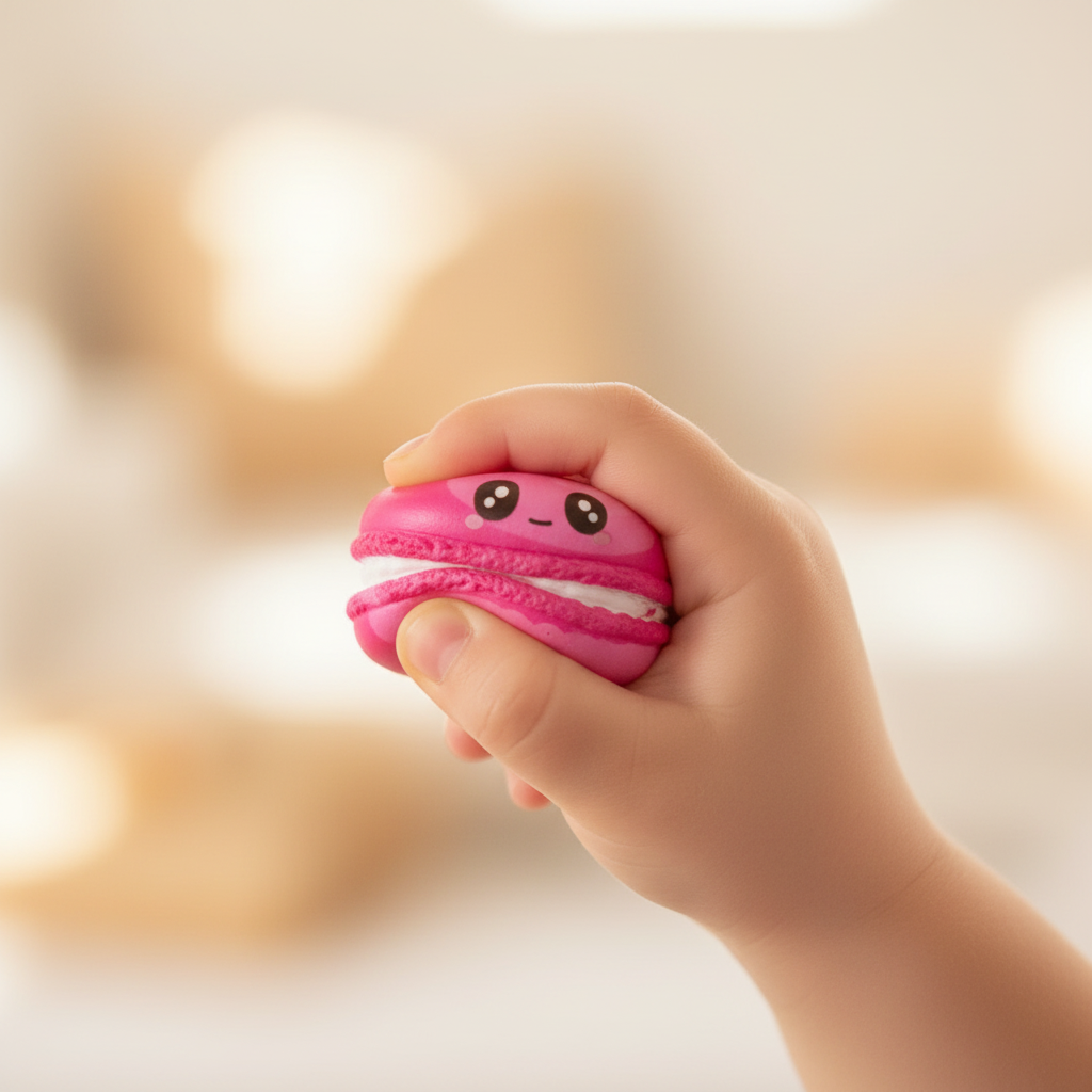 Child squeezing pink kawaii squishy macaron toy candid interaction