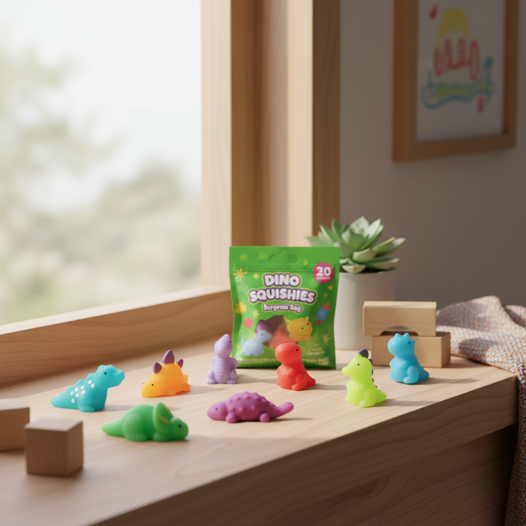 Colourful squishy dinosaur toys and Dino Squishies Surprise Bag displayed on a child's wooden bedroom shelf in natural window light