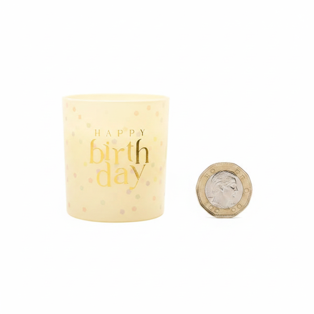 Happy Birthday Confetti Candle beside a £1 coin on white background showing product scale