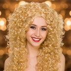 Close-up of woman with glamorous makeup wearing long blonde curly wig with golden bokeh background