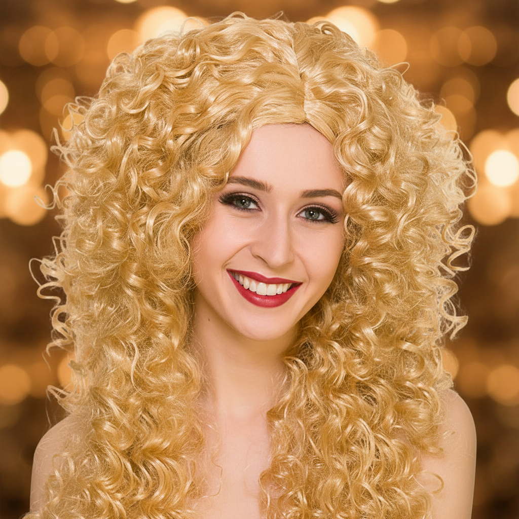 Close-up of woman with glamorous makeup wearing long blonde curly wig with golden bokeh background