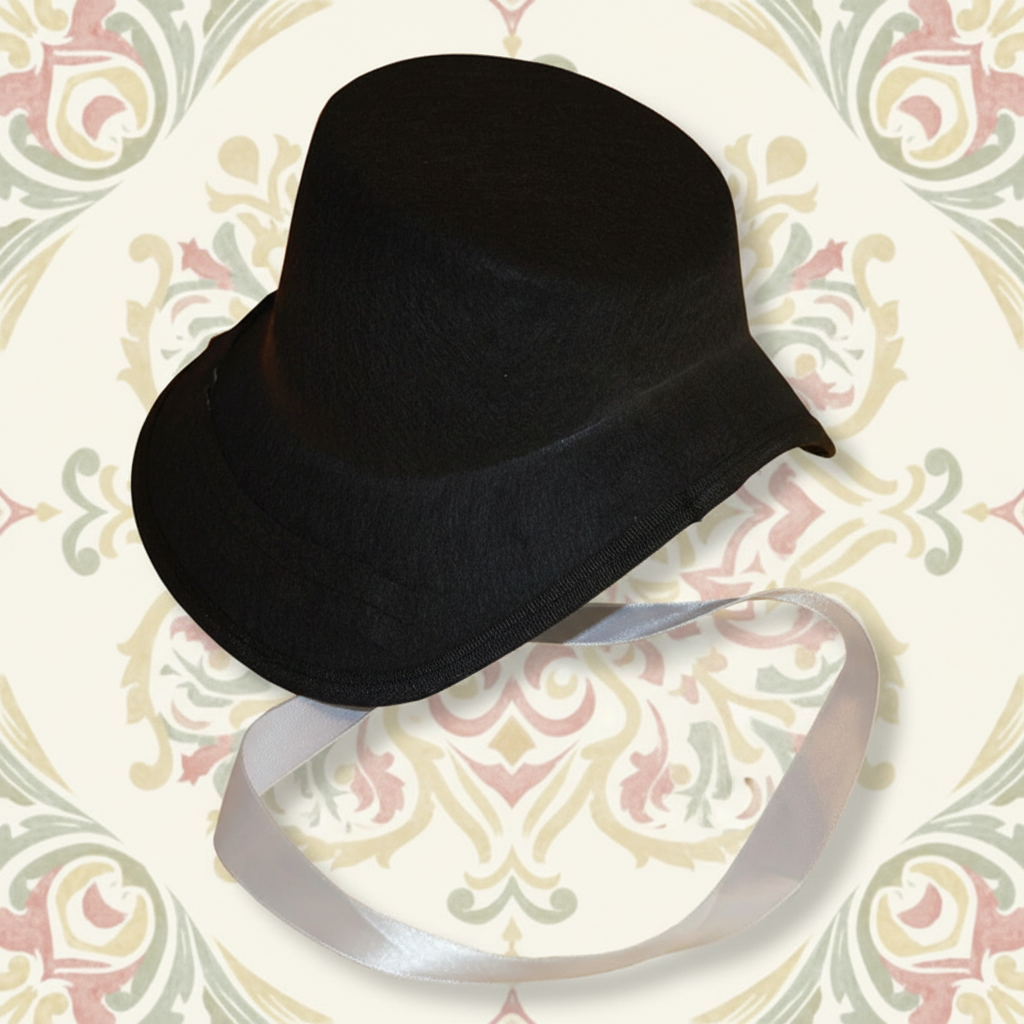 Traditional Welsh cockle-shell bonnet hat in black with white ribbon ties - small size for children aged 3-7 years