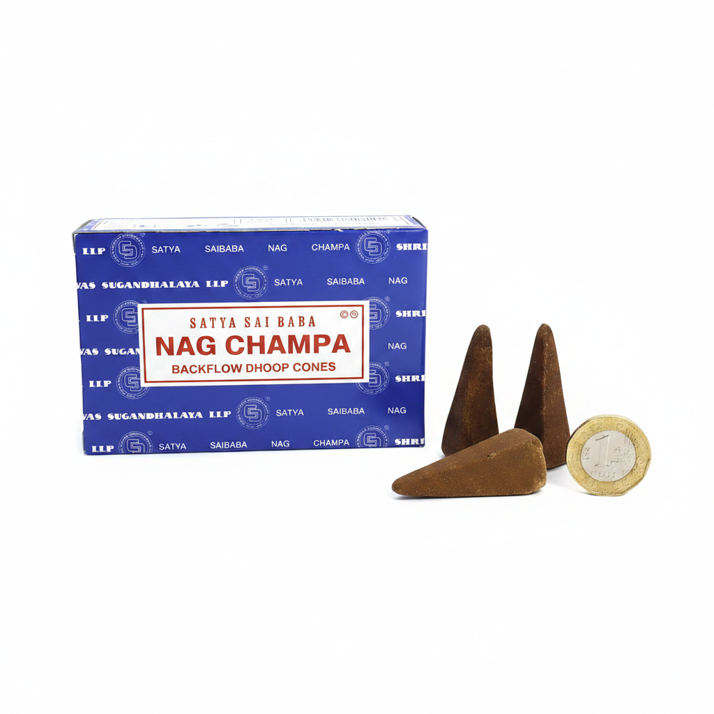 Satya Nag Champa Backflow Cones flat lay with UK £1 coin for size reference on white background