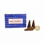 Satya Nag Champa Backflow Cones flat lay with UK £1 coin for size reference on white background