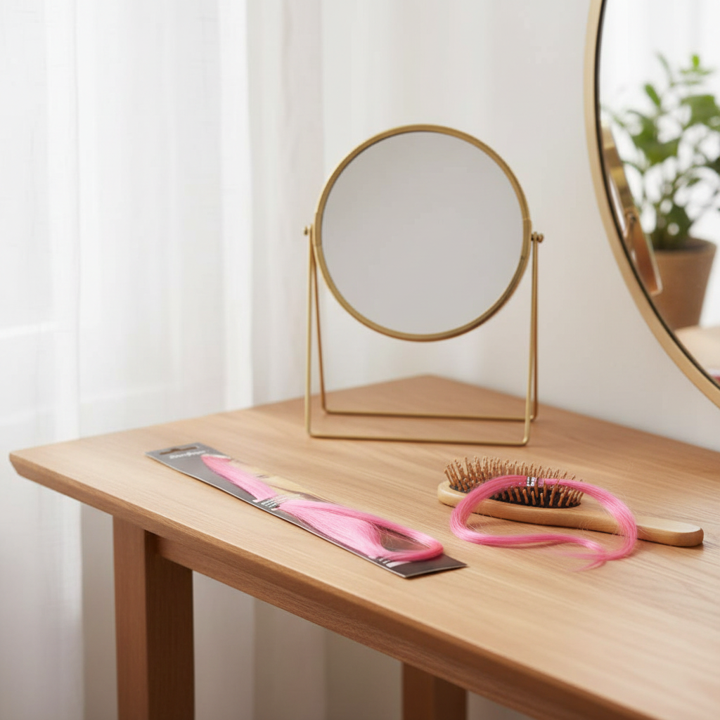 Stargazer Baby Hair Extension Hot Pink on a stylish dressing table with natural window light