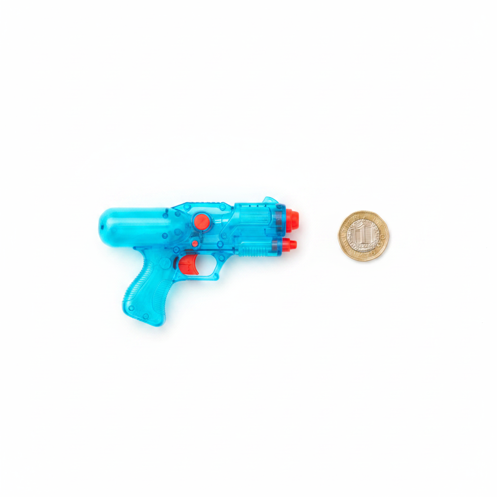 Neon blue water pistol placed beside a £1 coin on white background to show 11cm compact size