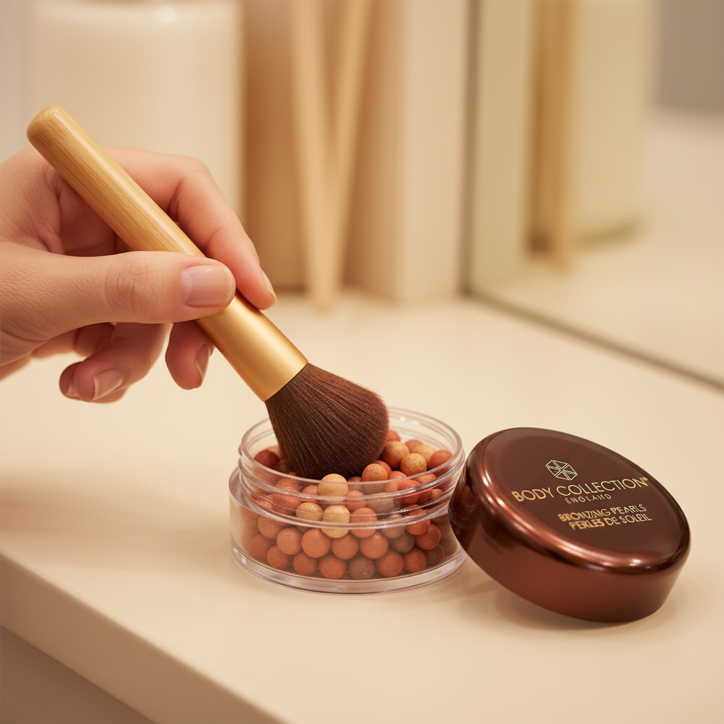 Woman swirling makeup brush through Body Collection Bronzing Pearls jar — candid lifestyle shot with warm bokeh background