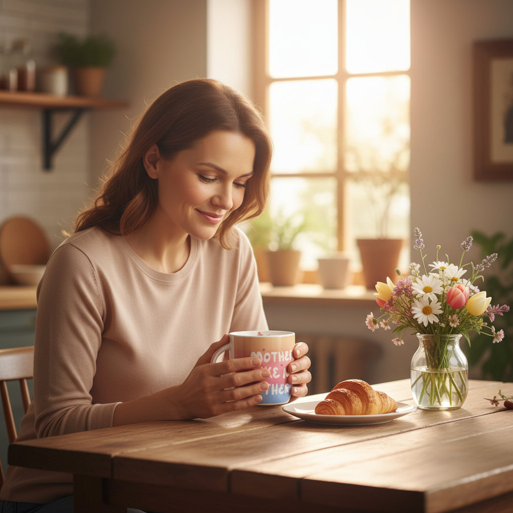 Woman enjoying her Mother Like No Other gift mug on a sunny morning at home