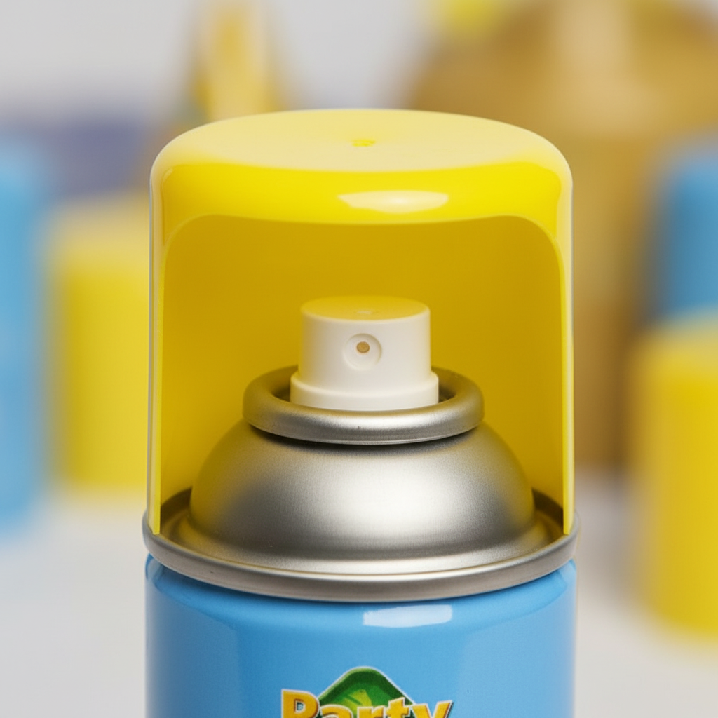 Extreme macro close-up of Party Success Yellow Hair Colour Spray nozzle and bright yellow cap showing product finish and quality