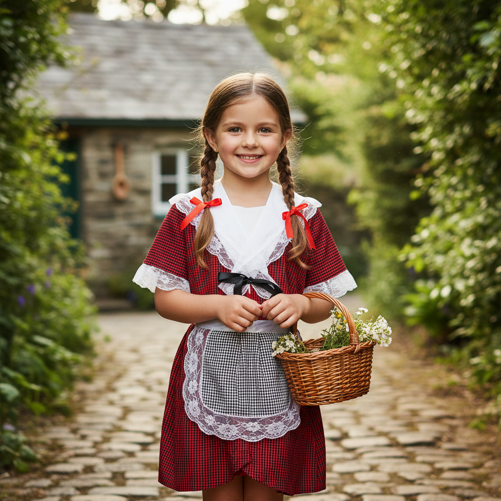 Happy girl aged 5-6 years wearing traditional Welsh costume with red dress and white lace in cozy home setting