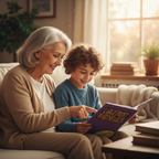 Grandmother and grandchild sharing a Large Print Wordsearch Book together on the sofa