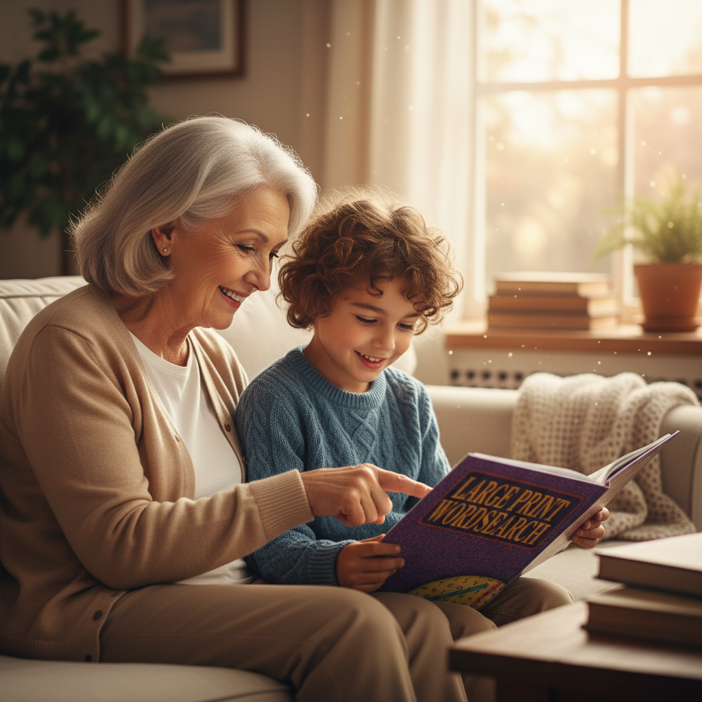 Grandmother and grandchild sharing a Large Print Wordsearch Book together on the sofa