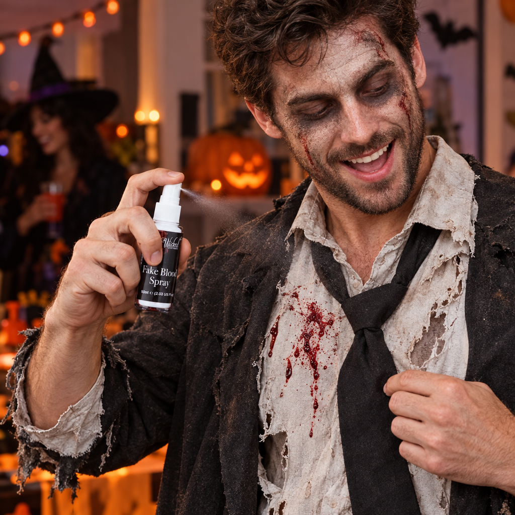 Adult in a zombie costume holding Wicked Costumes Fake Blood Spray at a Halloween party