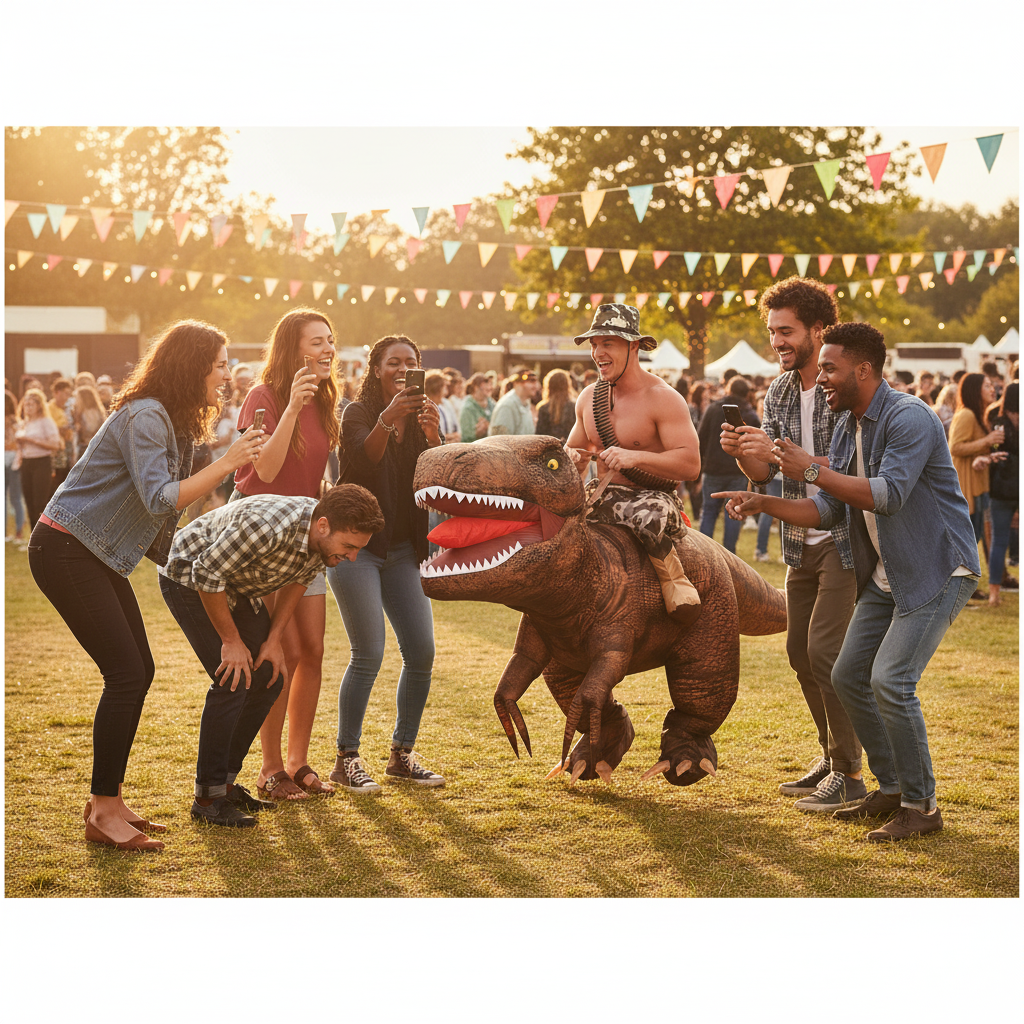 Man wearing inflatable Dino Rex costume at outdoor festival with friends laughing - lifestyle image