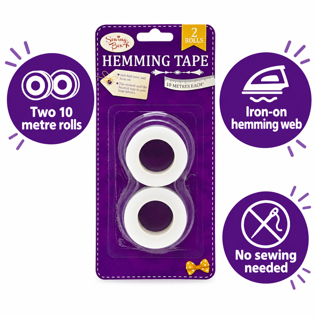 Sewing Box hemming tape twin pack with callouts for two 10 metre rolls and iron-on no-sew use