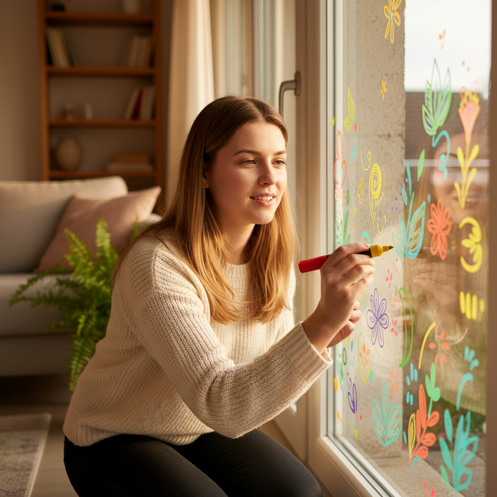Creative woman using liquid chalk pens to decorate home window with colourful seasonal art