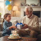 Grandchild presenting Grandad tankard and sock gift set to grandfather at birthday celebration