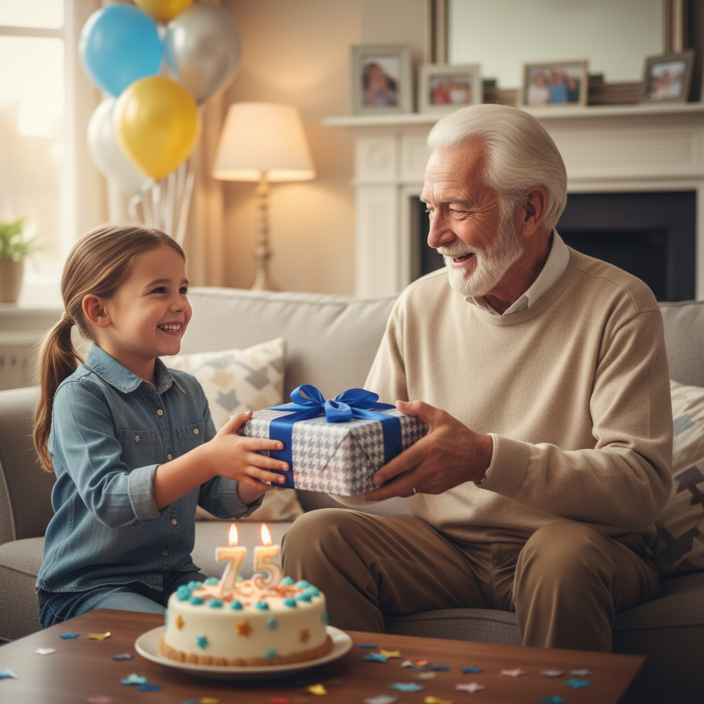 Grandchild presenting Grandad tankard and sock gift set to grandfather at birthday celebration